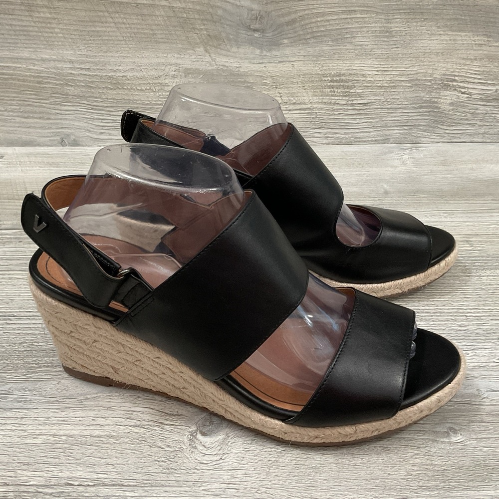 Vionic Brooke Black Leather Espadrille Wedge Beautiful Sandals Women's Size 9.5